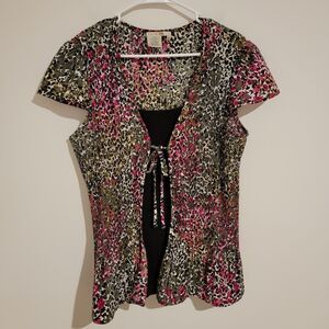 Y2K Vintage Fred David Top Size XL Crinkle‎ Floral Cheetah Print Abstract